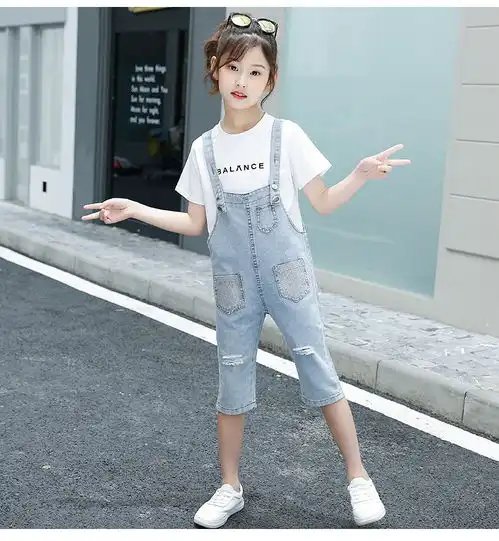 洋湖轩榭女童夏装套装儿童洋气时髦网红牛仔背带裤两件套
