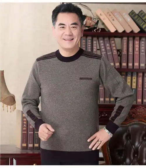 verhouse冬季新款中老年人男装休闲针织衫加厚保暖圆领宽松套头毛衣
