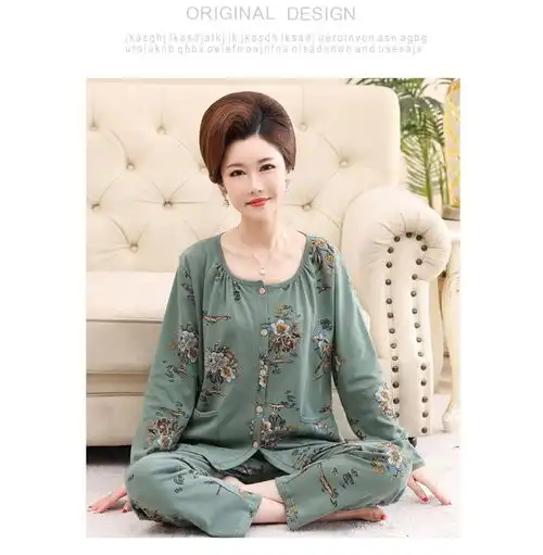 中老年人奶奶睡衣女纯棉长袖春秋季老人加肥加大码胖mm家居服套装
