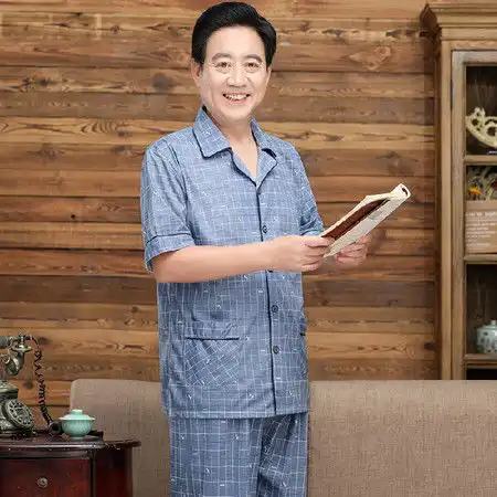老人睡衣男夏短袖纯棉休闲大码套装春秋季中老年爸爸爷爷家居服薄