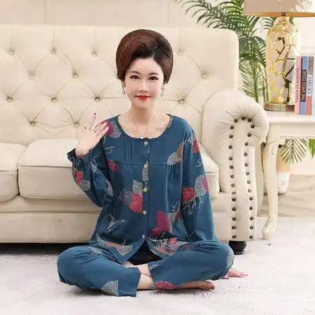 中老年妈妈睡衣女春秋款纯棉长袖开衫加肥大码老人家居服宽松套装
