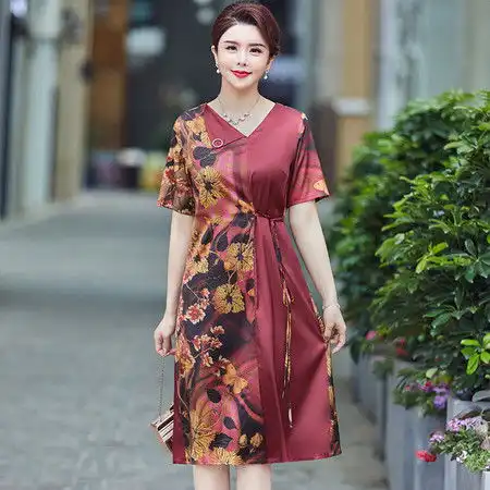 洋湖轩榭中老年女装2021新款夏季4050岁妈妈衣服年轻婆婆婚宴大码连衣裙图片大全邮乐官方网站
