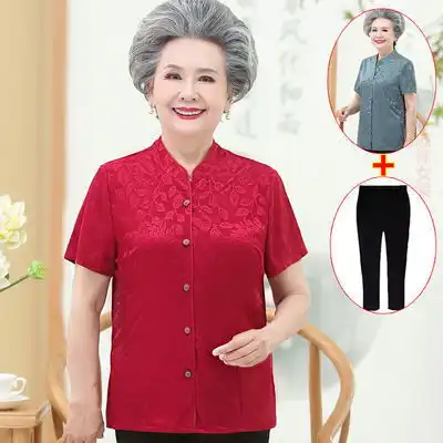 老年人短袖衬衫女妈妈装中老年夏装半袖女宽松上衣奶奶装老人衣服
