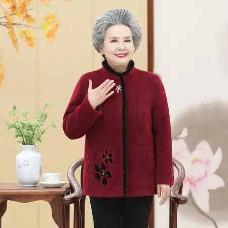洋湖轩榭老年人女装秋冬水貂绒大衣奶奶毛呢上衣短款老年妈妈装雪貂绒外套
