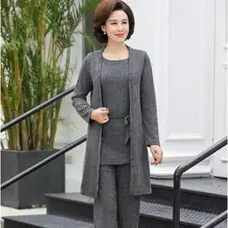 春装新款中老年女装40岁50妈妈装休闲套装3件套中长款长袖洋气女三件套xq
